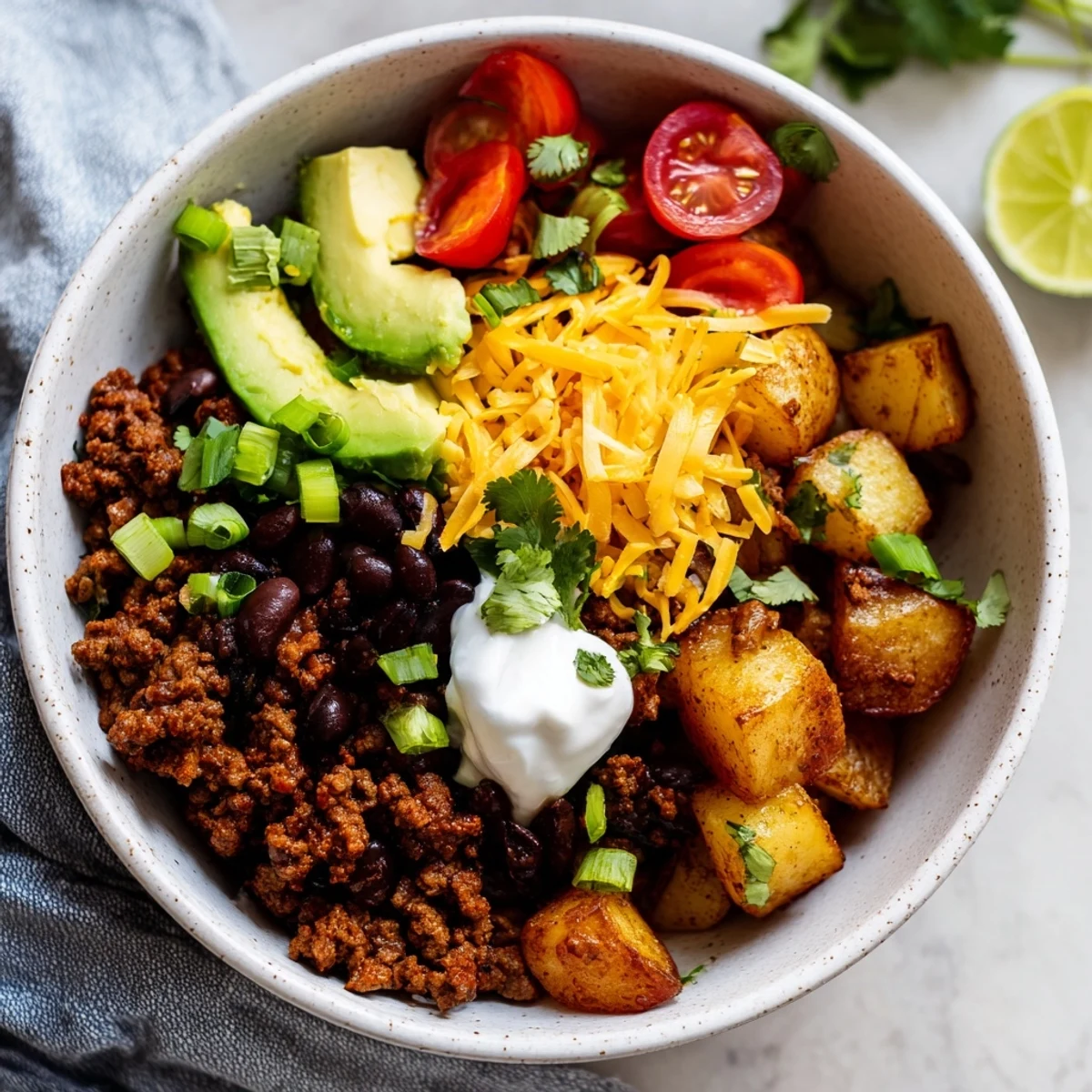 Tex-Mex ground beef and potato bowl loaded with tomatoes beans cilantro and creamy toppings