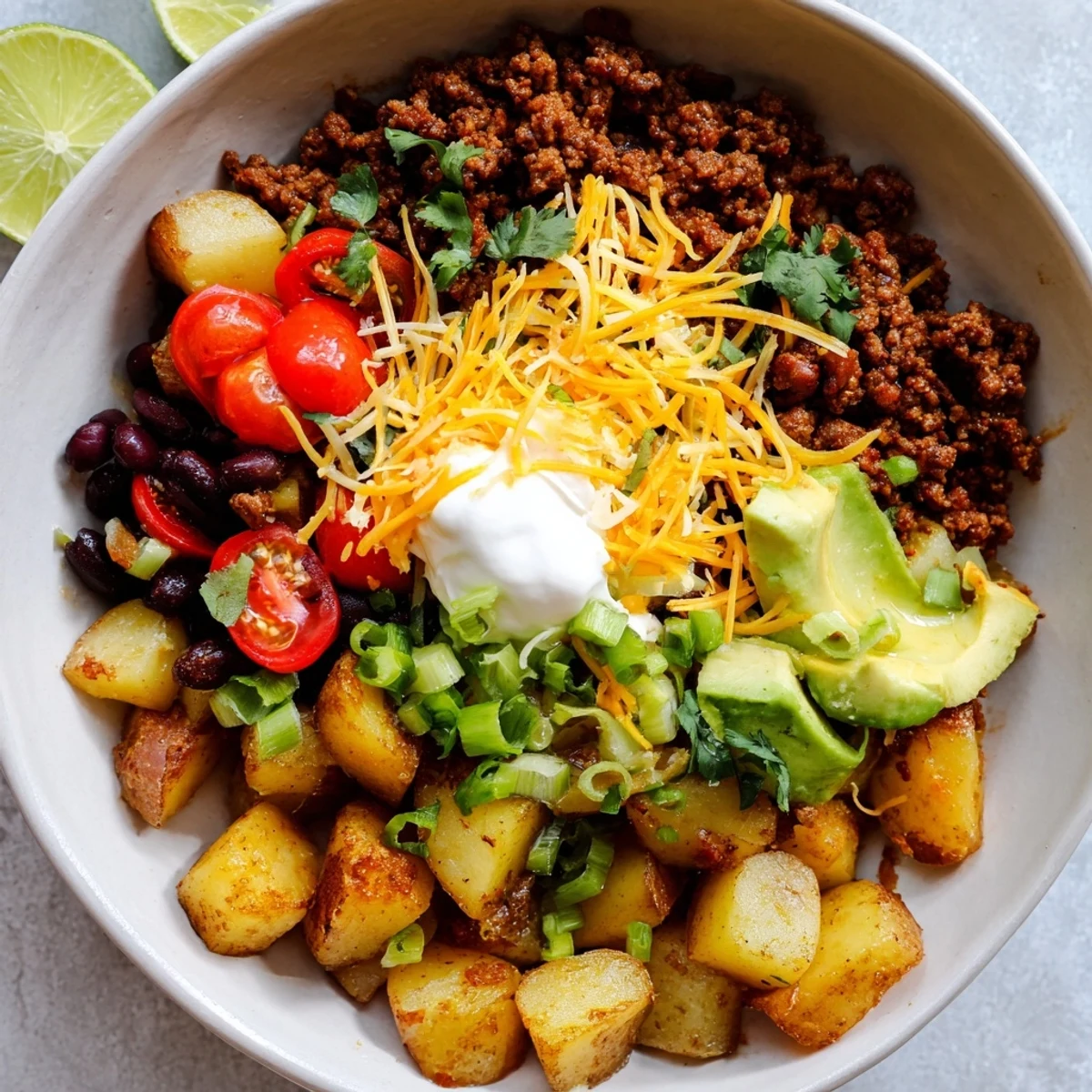 Hearty ground beef potato taco bowl served with melted cheese avocado and sour cream