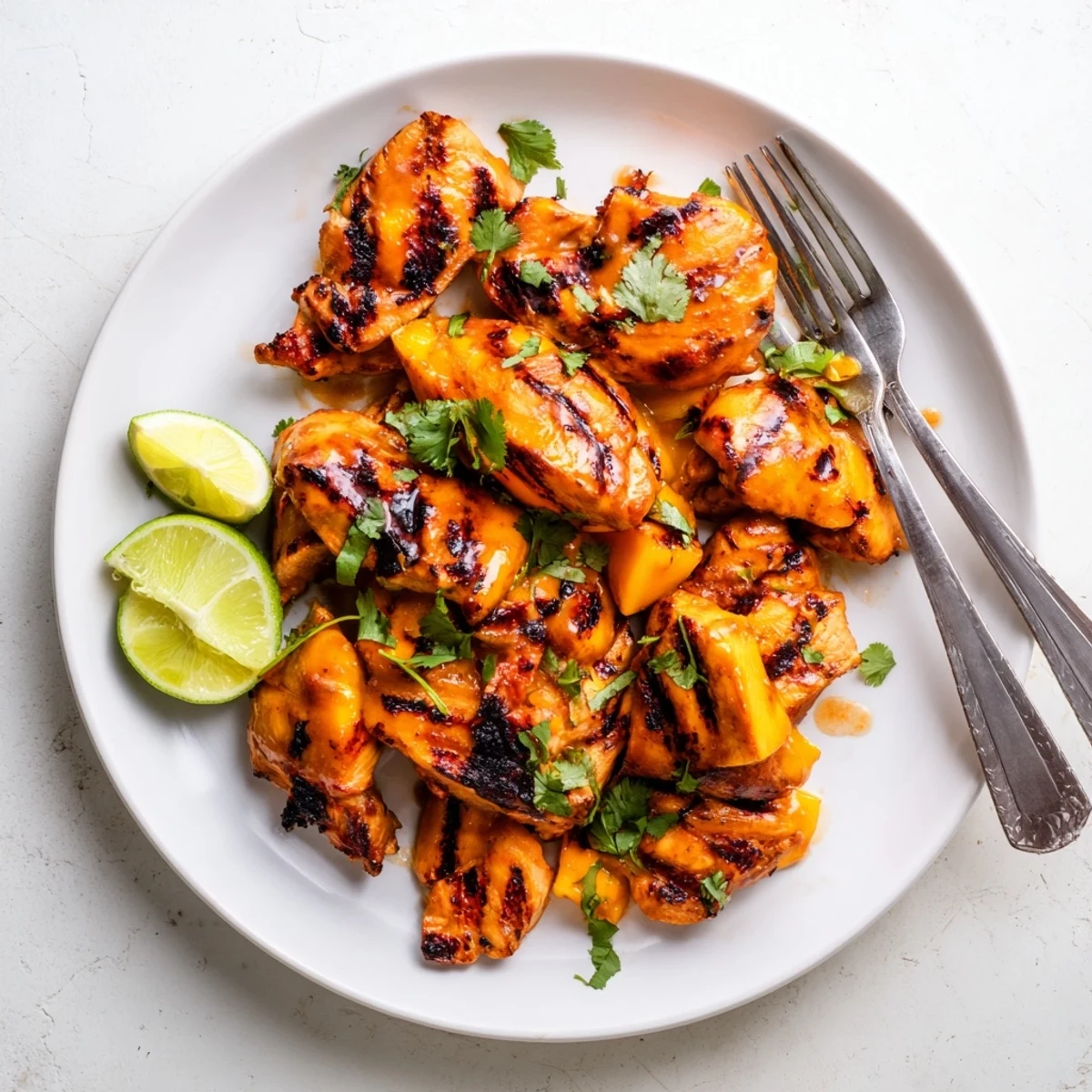 Golden grilled mango chicken breasts glazed with sweet tropical marinade and fresh cilantro garnish