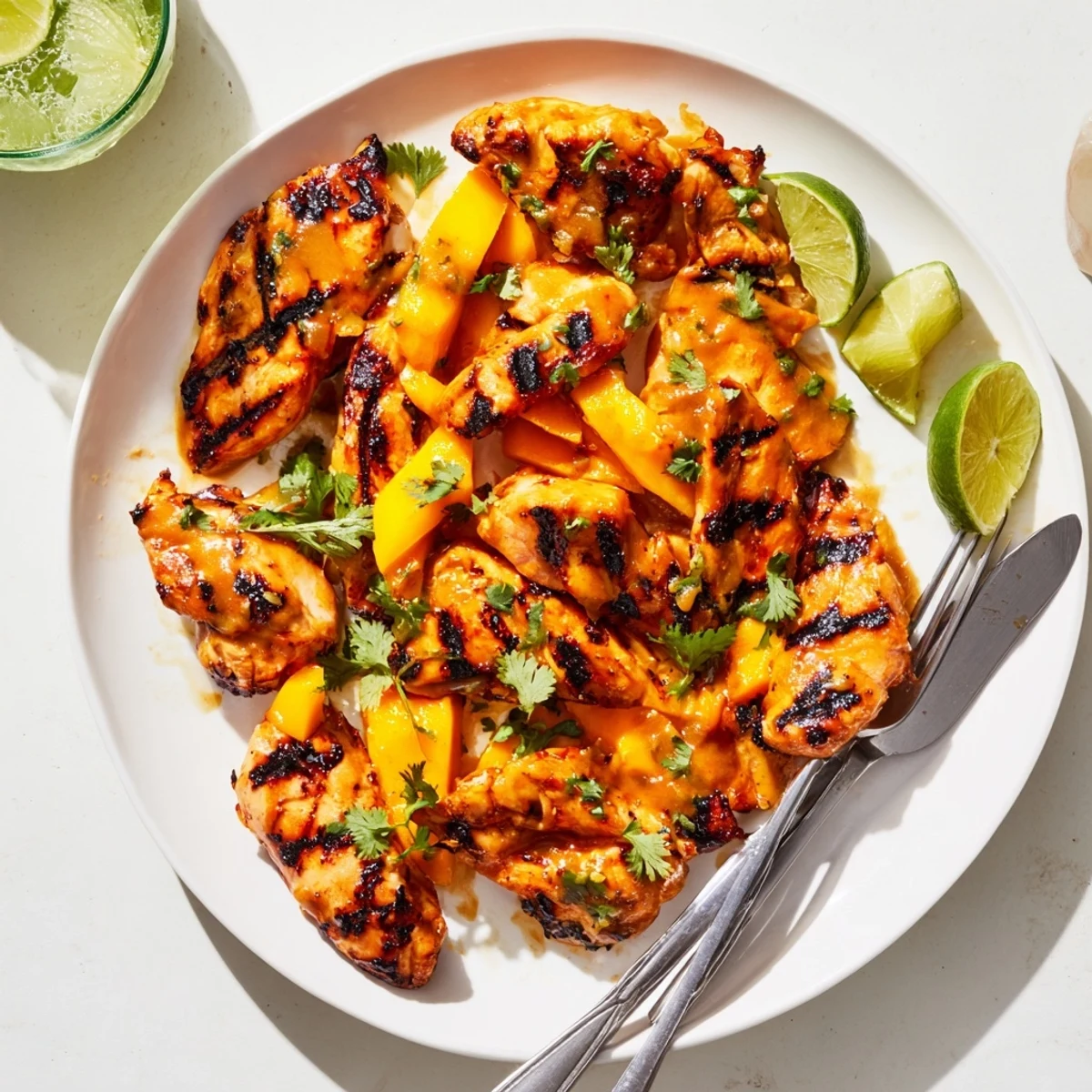 Tender grilled mango chicken plated with zesty lime wedges and chopped green cilantro topping