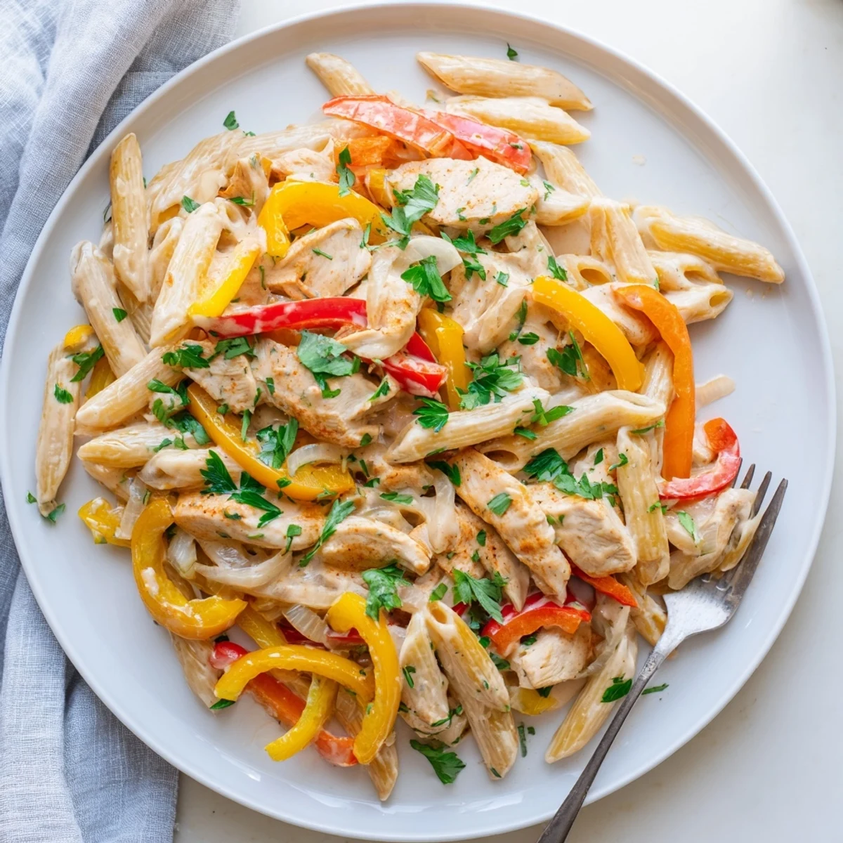 Golden Cajun-spiced chicken slices resting atop penne pasta coated in rich Parmesan cream sauce with colorful bell peppers