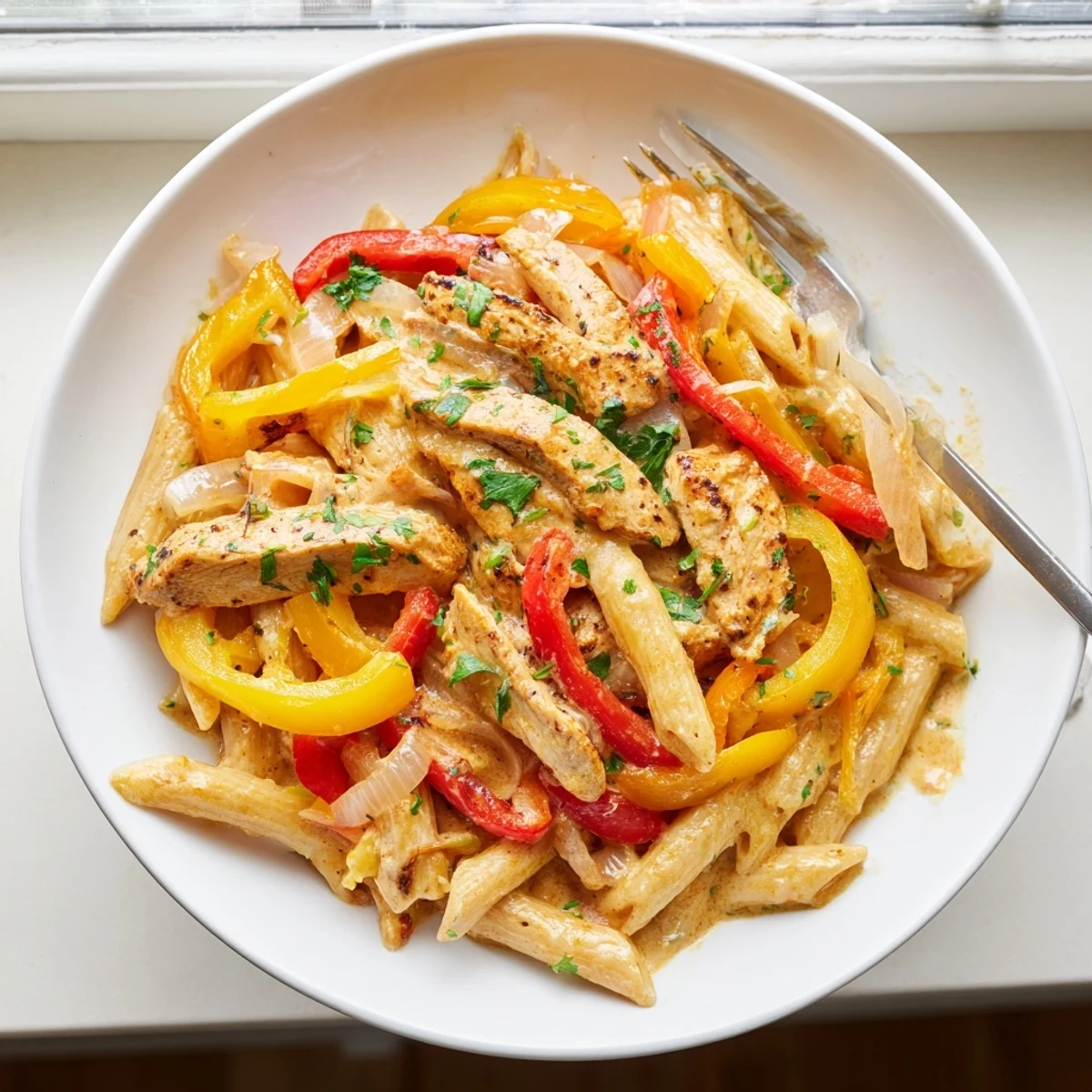 Creamy Cajun chicken penne pasta garnished with fresh parsley featuring tender spiced chicken and vegetables in a velvety white sauce