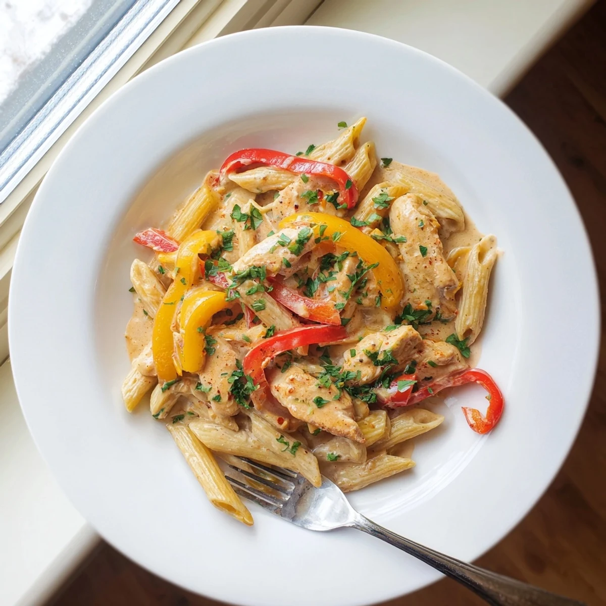 Steaming bowl of Cajun chicken penne pasta with sliced seasoned breast meat mixed through a thick creamy Parmesan sauce