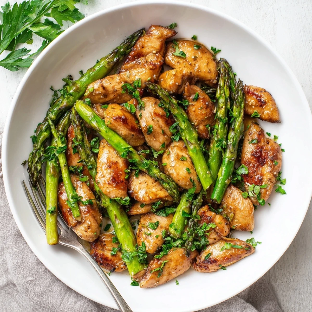 Golden chicken bites seared in rich garlic butter sauce alongside bright green asparagus spears