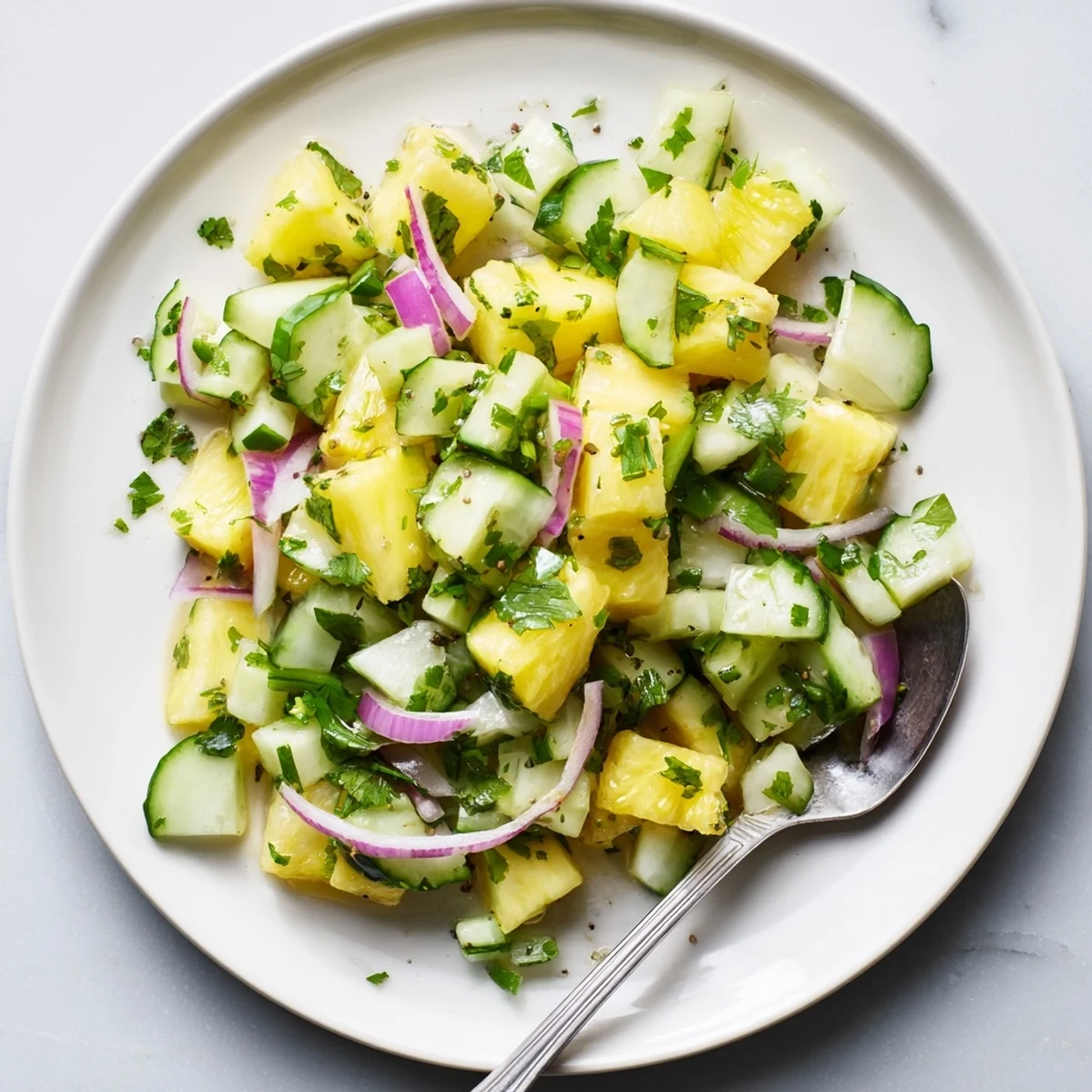 Refreshing pineapple cucumber salad close-up showing juicy fruit chunks and crisp cucumber pieces tossed in tangy dressing