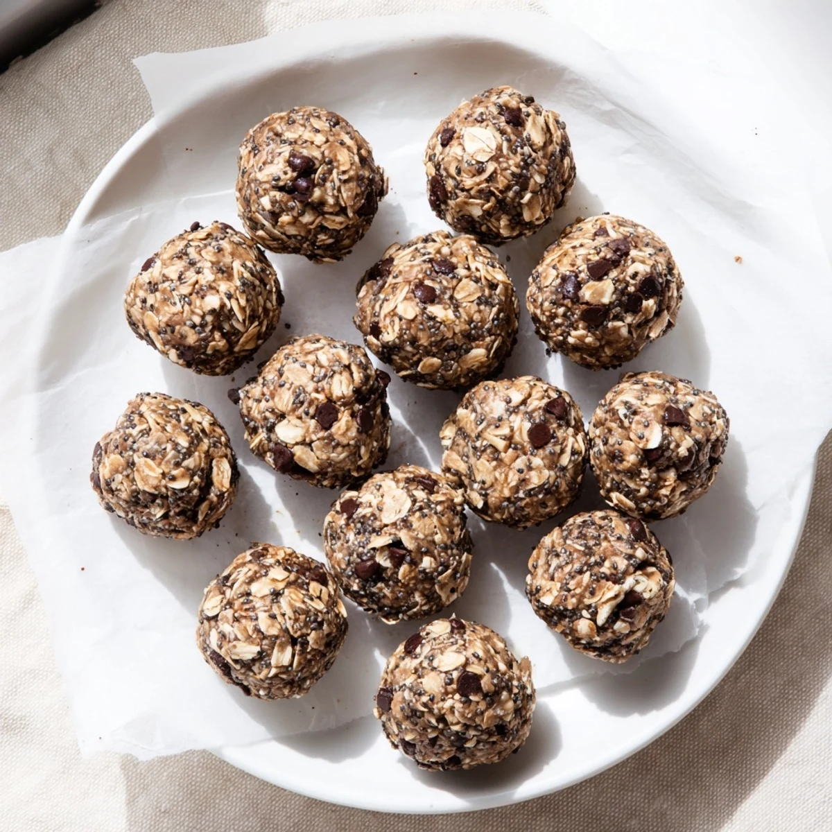 Bite-sized no bake chocolate peanut butter protein balls rolled with mini chocolate chips on a white plate