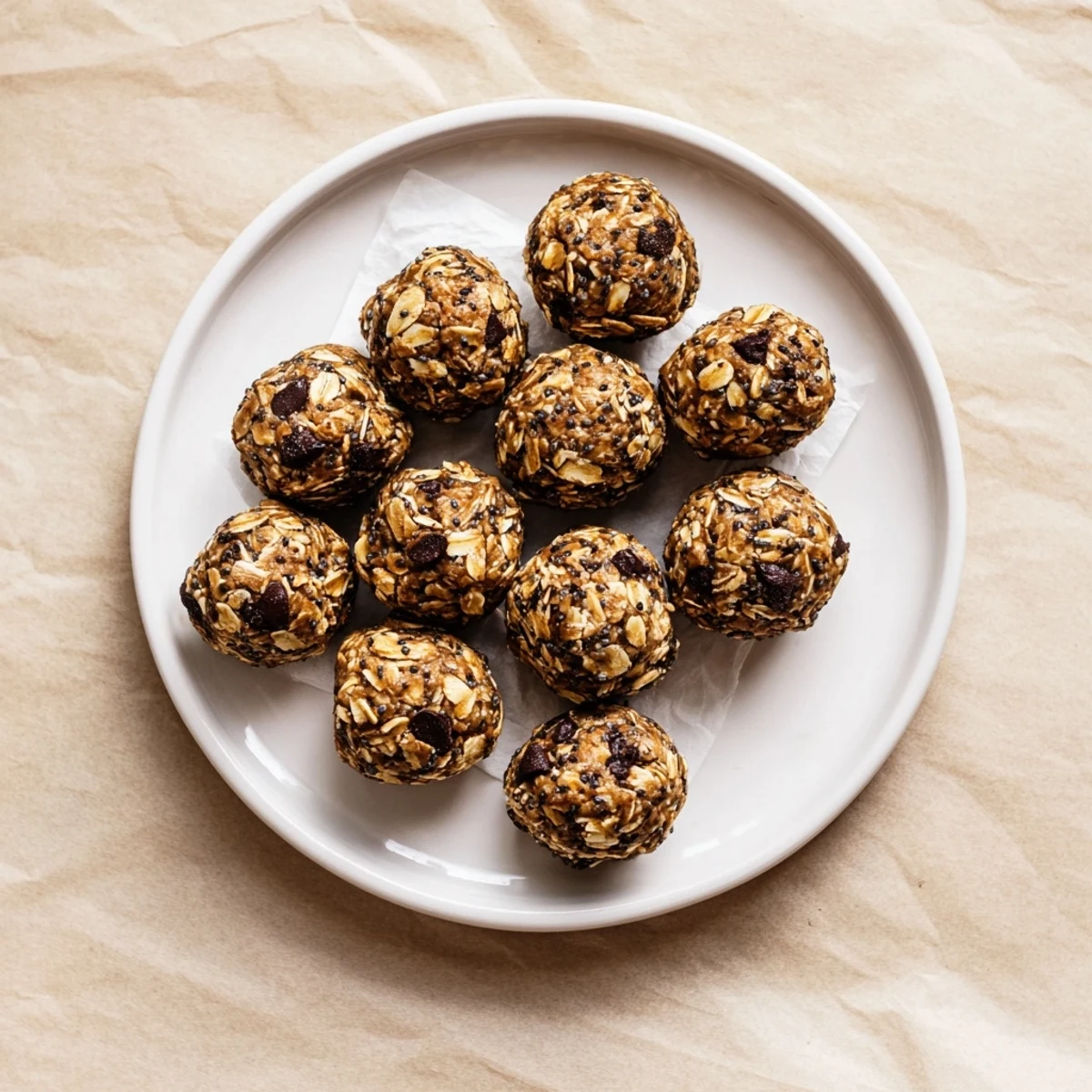 Rich chocolate peanut butter protein balls with visible oats and chocolate chunks ready for healthy snacking