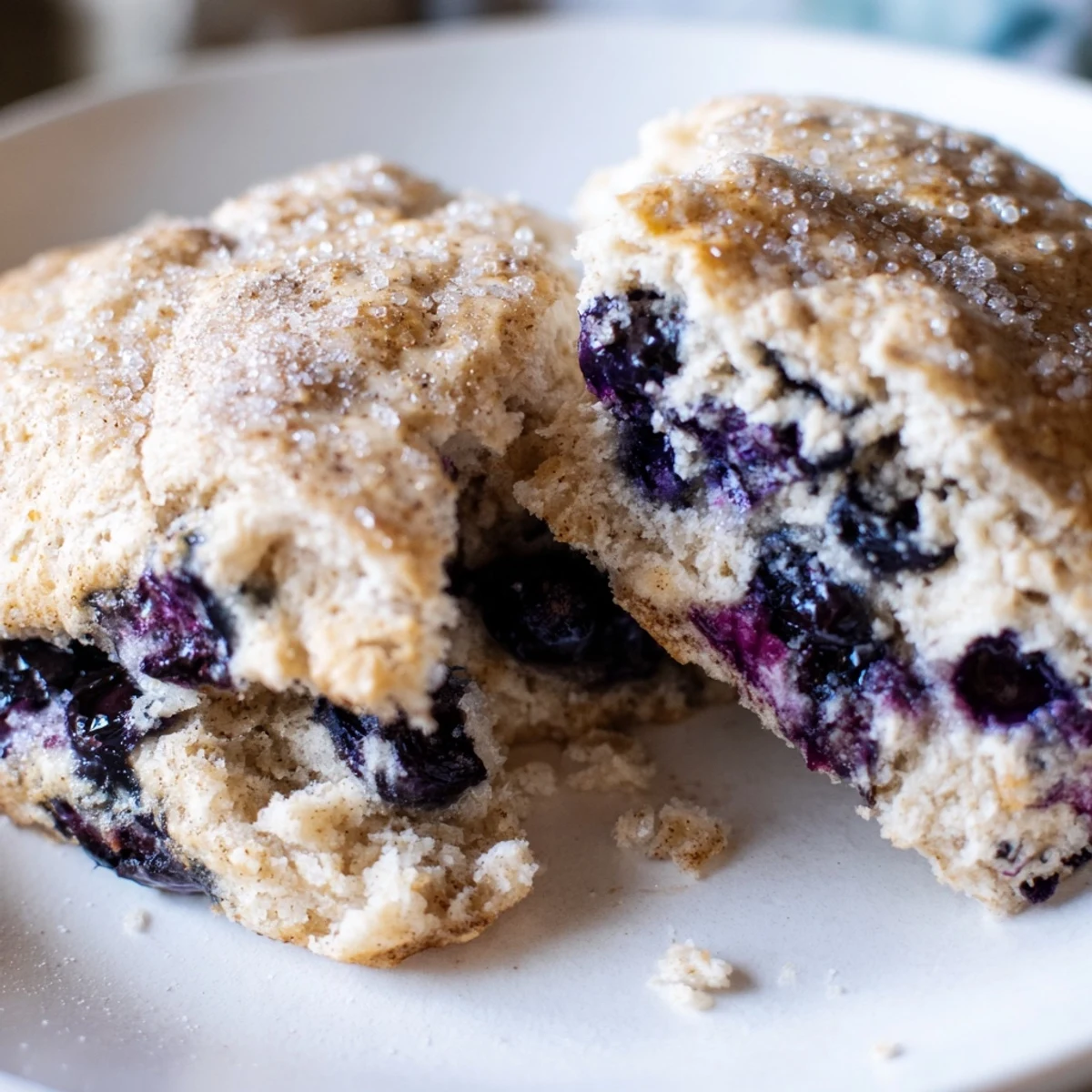 Golden Vietnamese cinnamon blueberry scones scattered with coarse sugar on a parchment-lined baking sheet