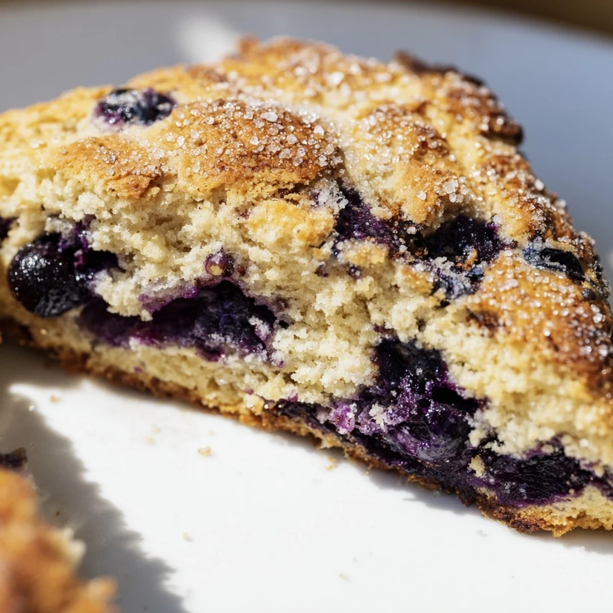 Eight triangular Vietnamese cinnamon blueberry scones with golden brown crusts and speckled blueberry interiors