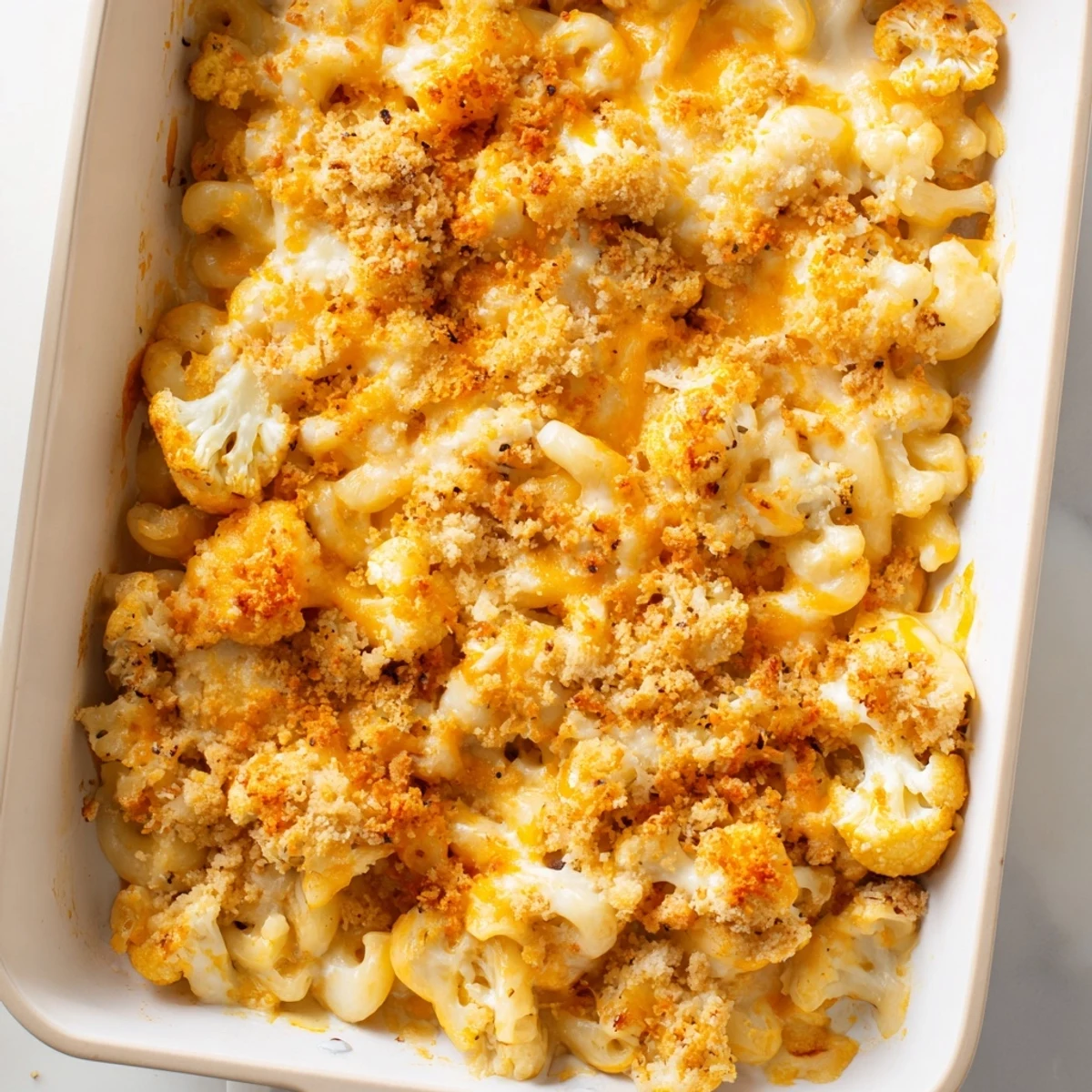 Golden baked cauliflower mac n cheese with bubbling cheese sauce and crispy breadcrumb topping