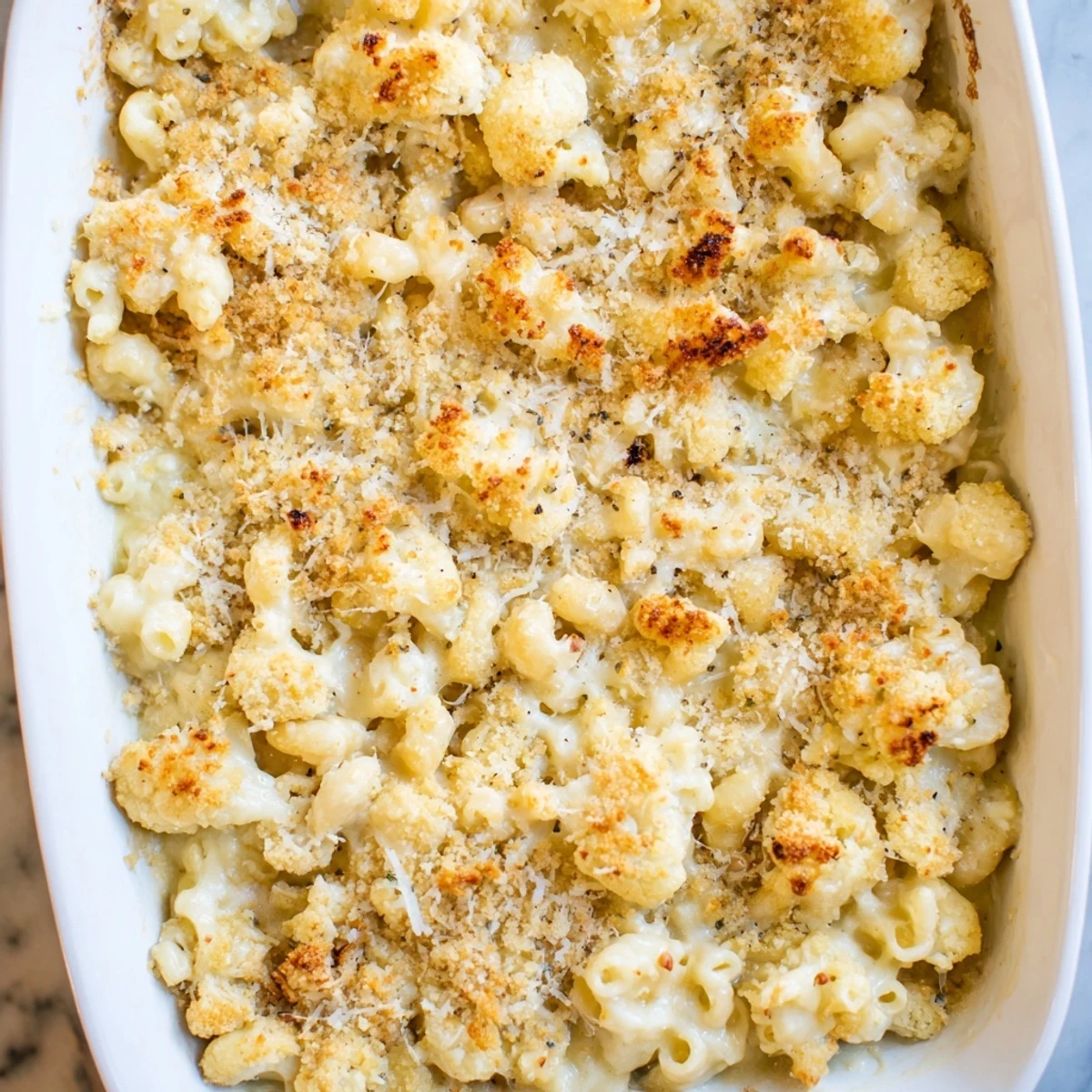 Spoonful of cauliflower mac n cheese showing melted cheese coating pasta and cauliflower pieces