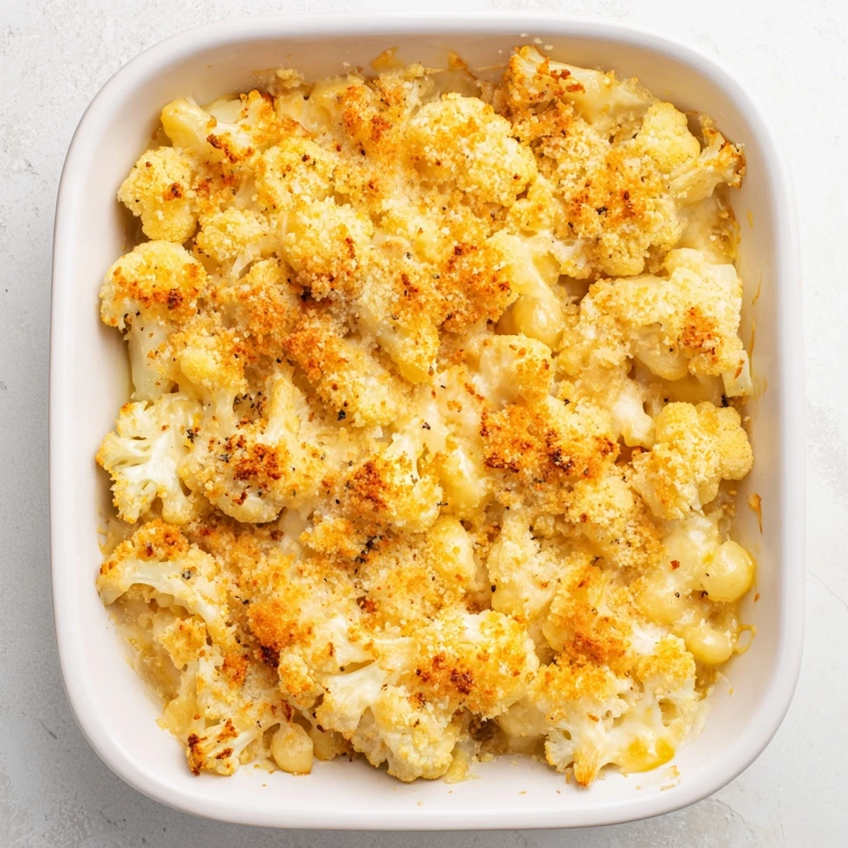 Creamy cauliflower mac n cheese casserole with tender pasta florets in rich cheddar sauce