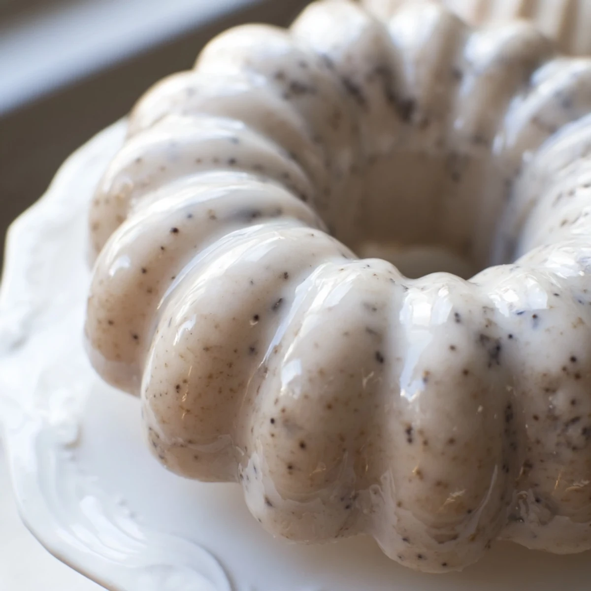 Chewy Earl Grey mochi donuts with sweet glaze arranged on a white serving plate
