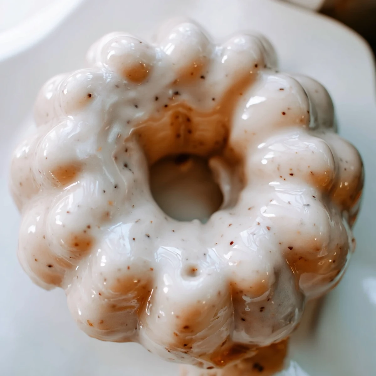 Close up of glazed Earl Grey mochi donuts showing their tender crumb and smooth frosting
