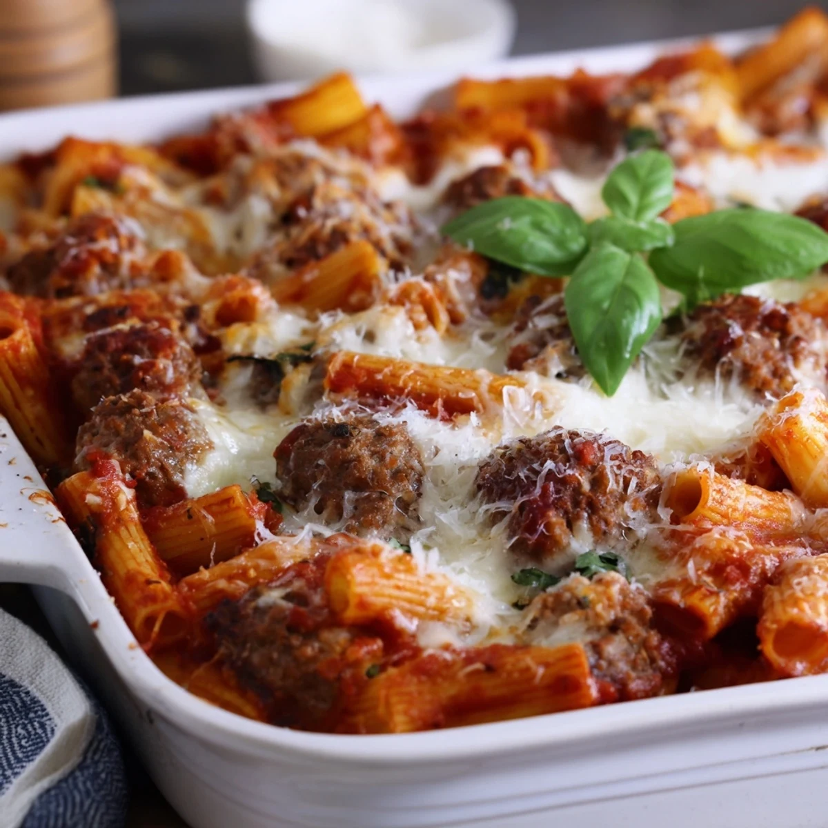 Golden cheesy Italian meatball pasta bake bubbling with tender meatballs and rich tomato sauce