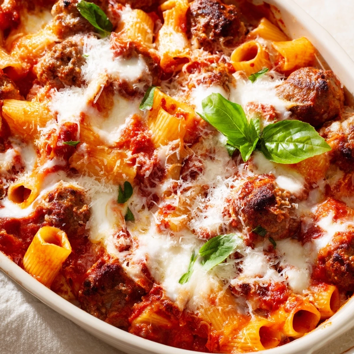 Hearty baked pasta dish featuring juicy meatballs smothered in melted mozzarella and Parmesan cheese
