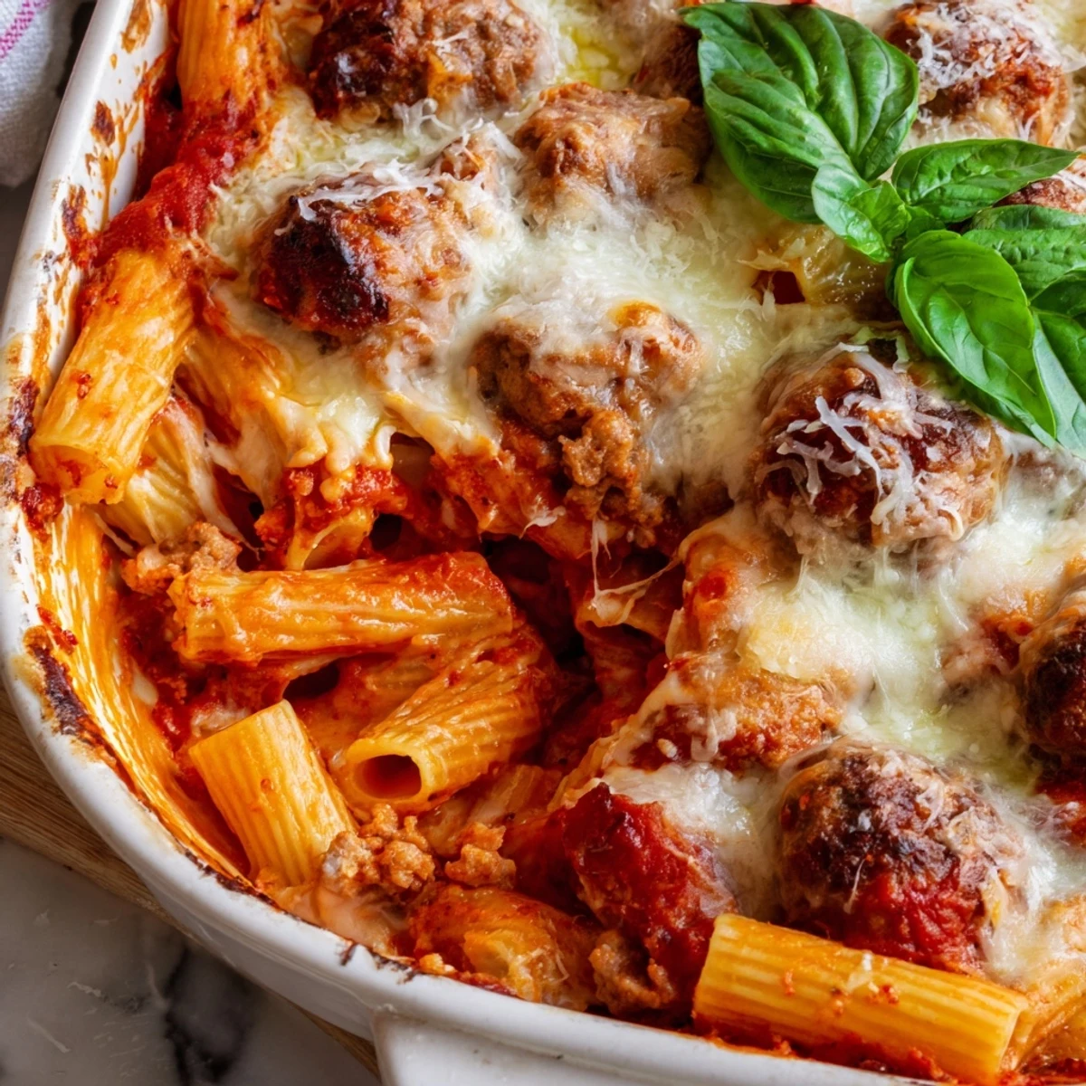 Comforting Italian meatball pasta bake fresh from oven with golden browned cheese topping