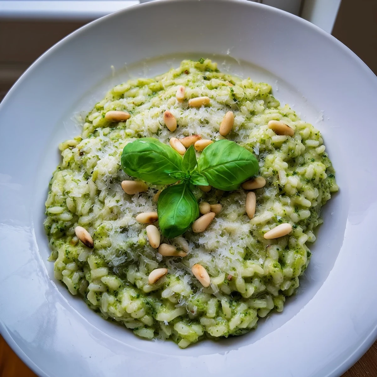 Creamy Parmesan pesto risotto with vibrant green swirls and grated cheese on top
