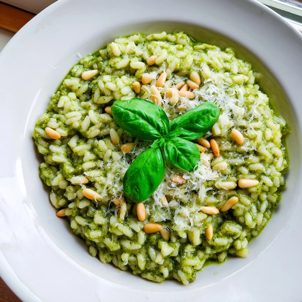 White bowl of Parmesan pesto risotto showing rich Italian comfort food texture