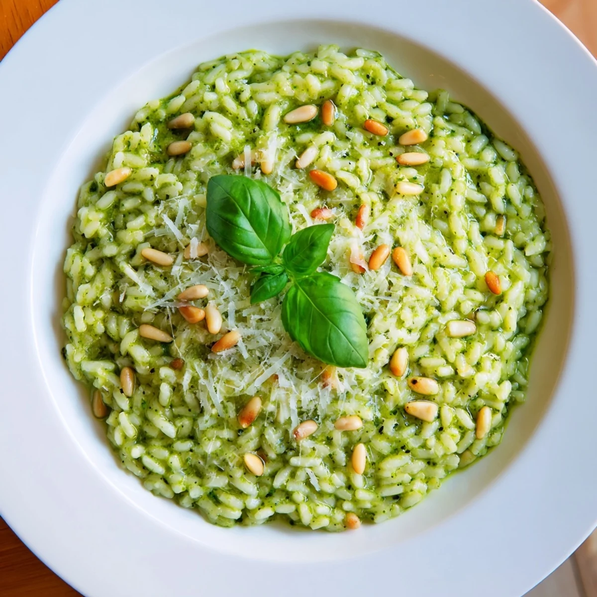 Spoonful of Parmesan pesto risotto garnished with fresh basil leaves and toasted pine nuts