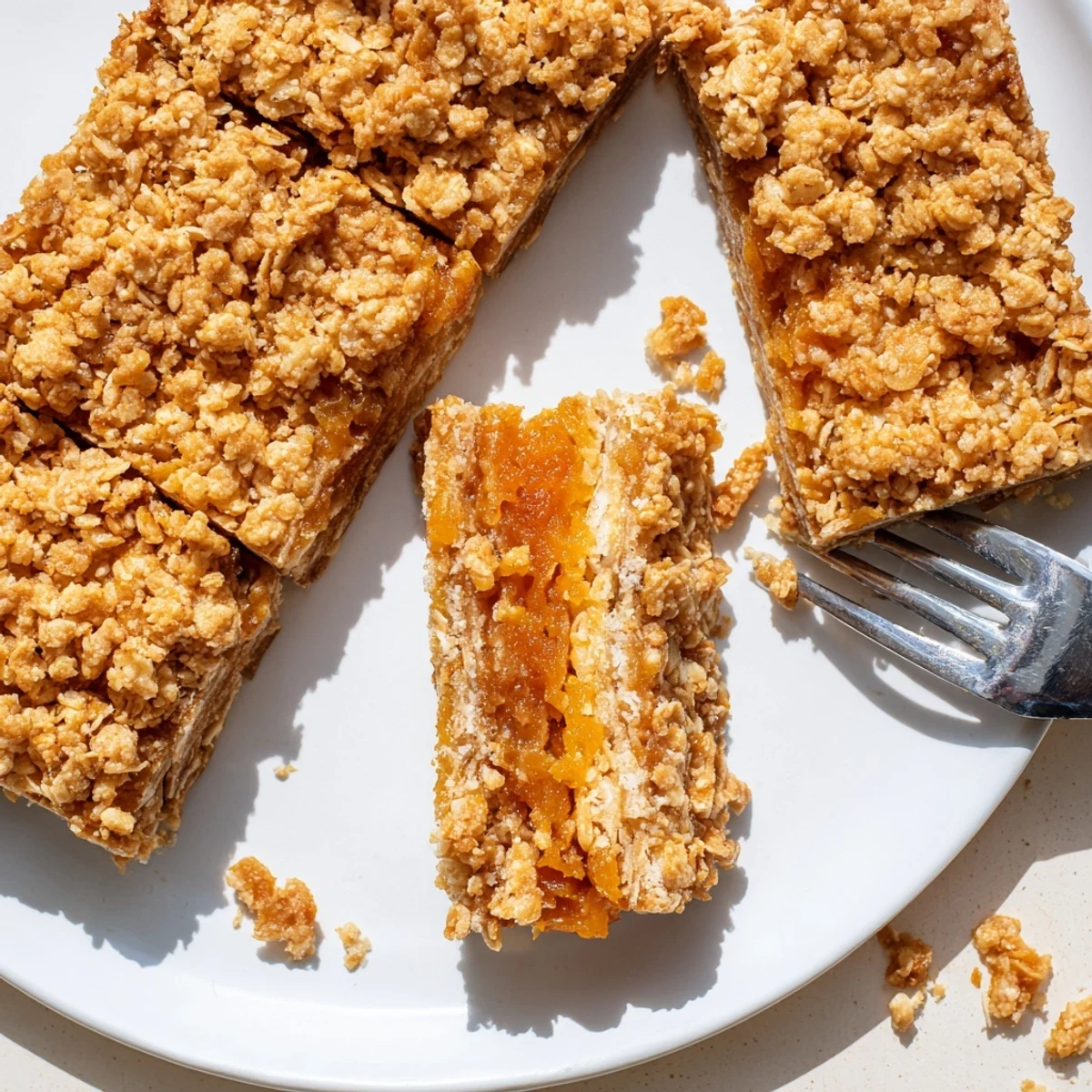 Golden gluten-free oatmeal apricot bars with crumbly oat topping and sweet apricot jam layer