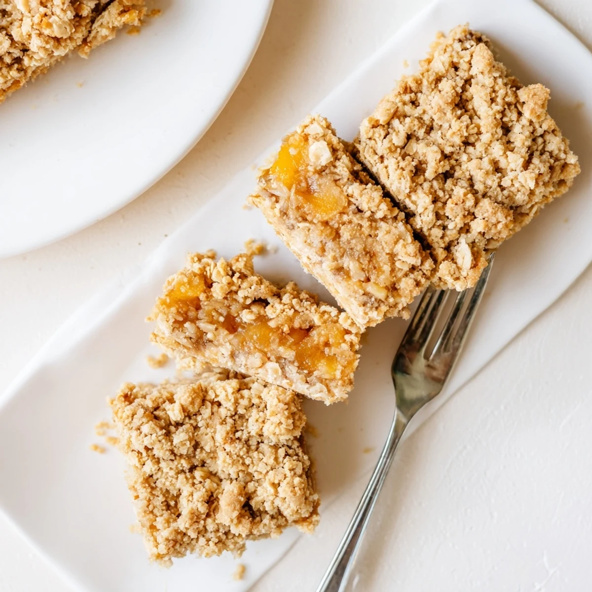 Baked gluten-free oatmeal apricot bars fresh from the oven with tender fruit filling visible