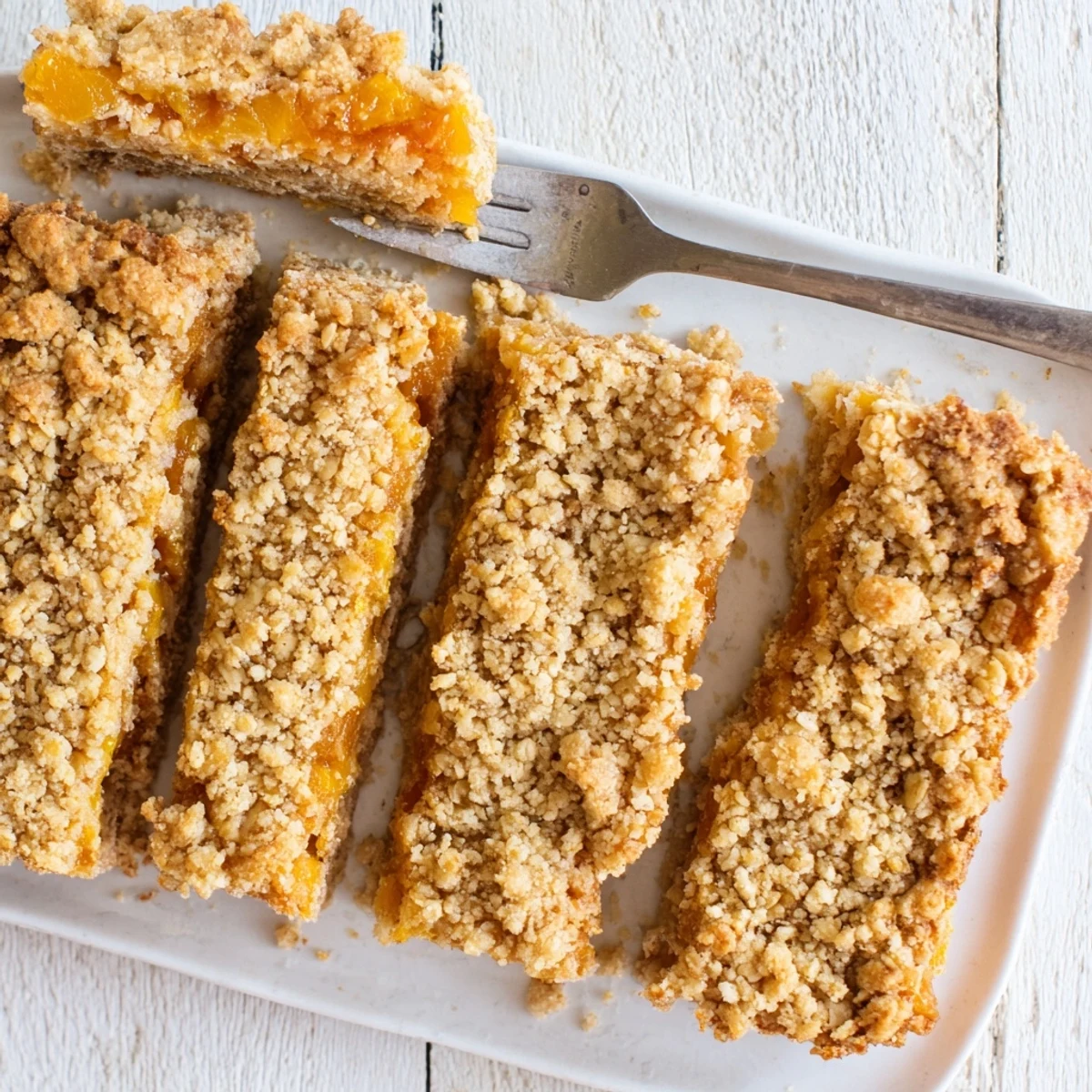Chewy gluten-free oatmeal apricot bars sliced into squares on a white serving plate