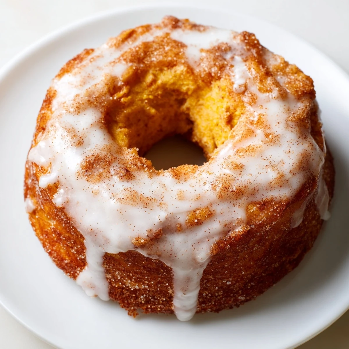 Golden brown pumpkin spice biscuit donuts coated in cinnamon sugar with white glaze drizzle