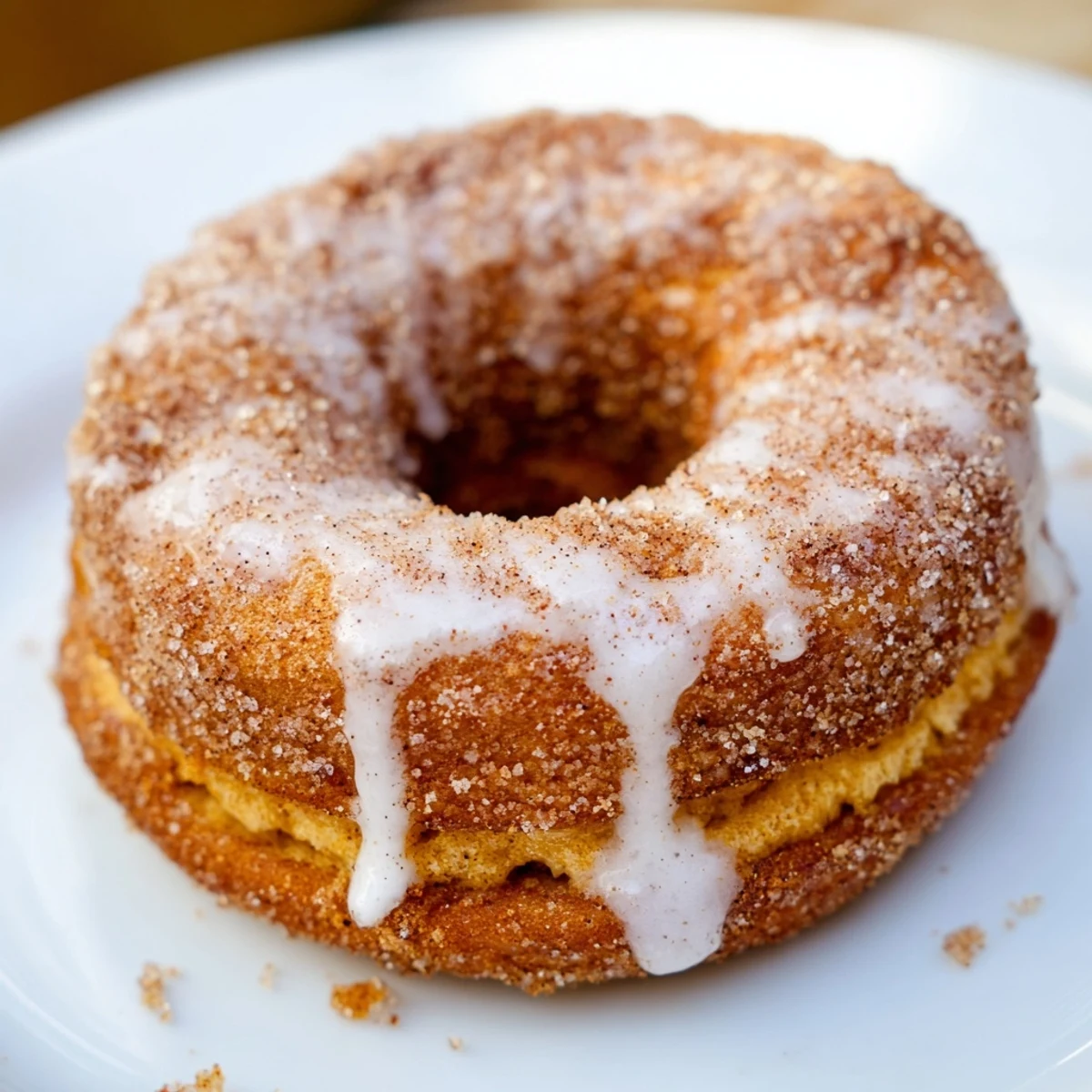 Plate of glazed pumpkin donuts sprinkled with cinnamon sugar alongside a hot cup of coffee