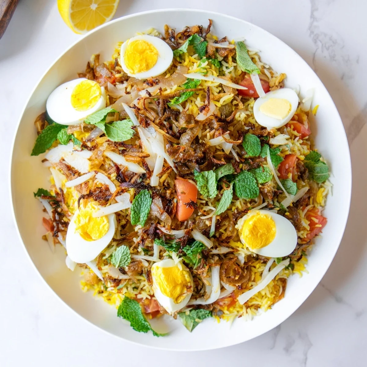 Golden tomato and ginger biryani with fluffy rice and perfectly boiled eggs garnished with fresh cilantro and mint