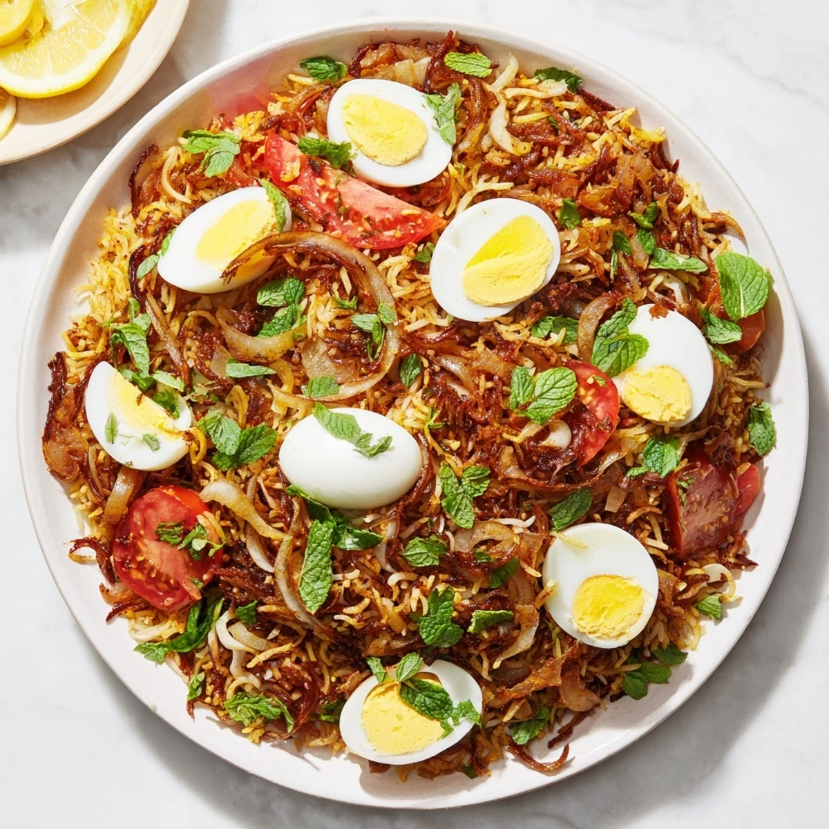 Steaming plate of tomato ginger biryani featuring tender rice chunks and eggs surrounded by vibrant green herbs