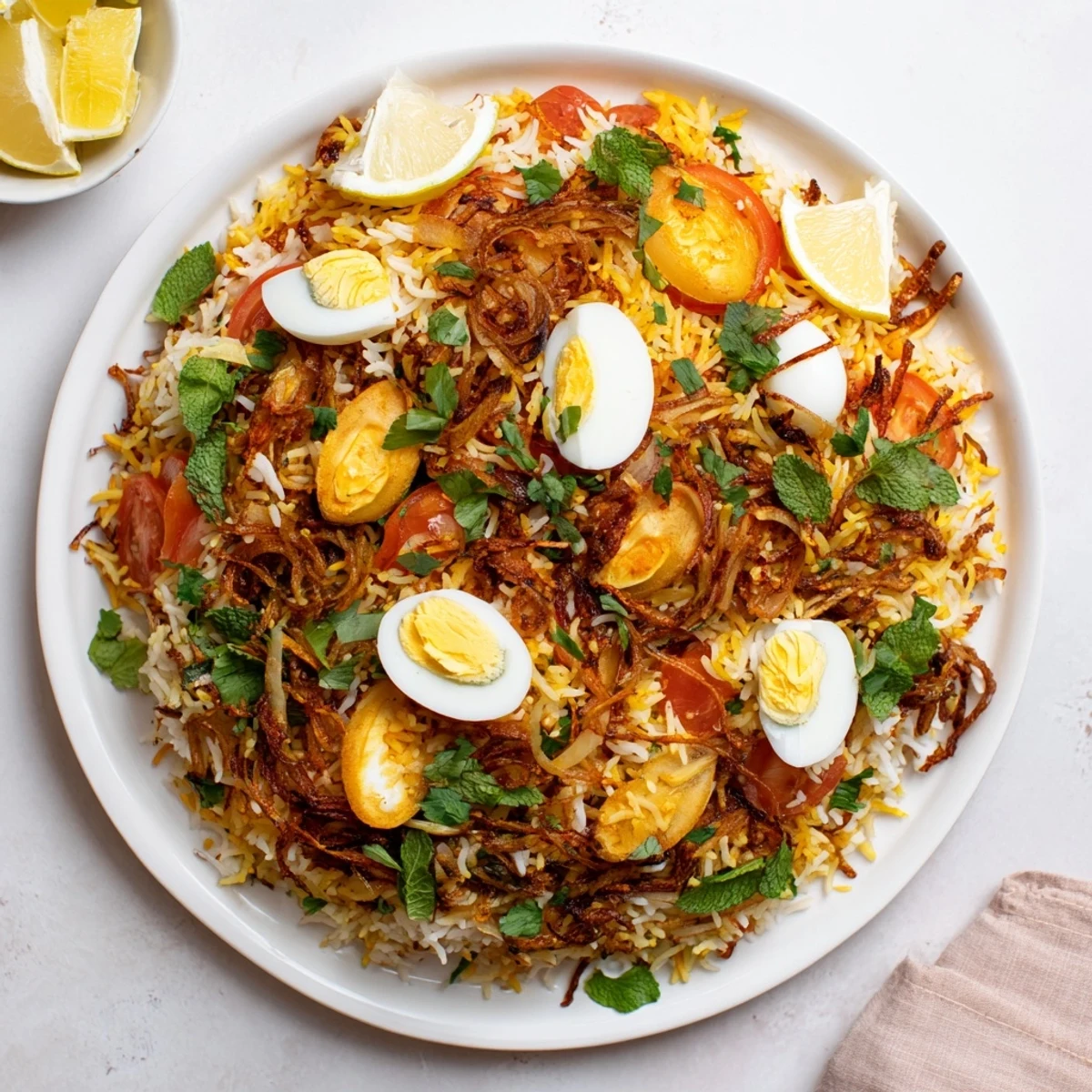 Aromatic basmati rice layered with spicy tomatoes and ginger topped with halved eggs and fried onion crunch
