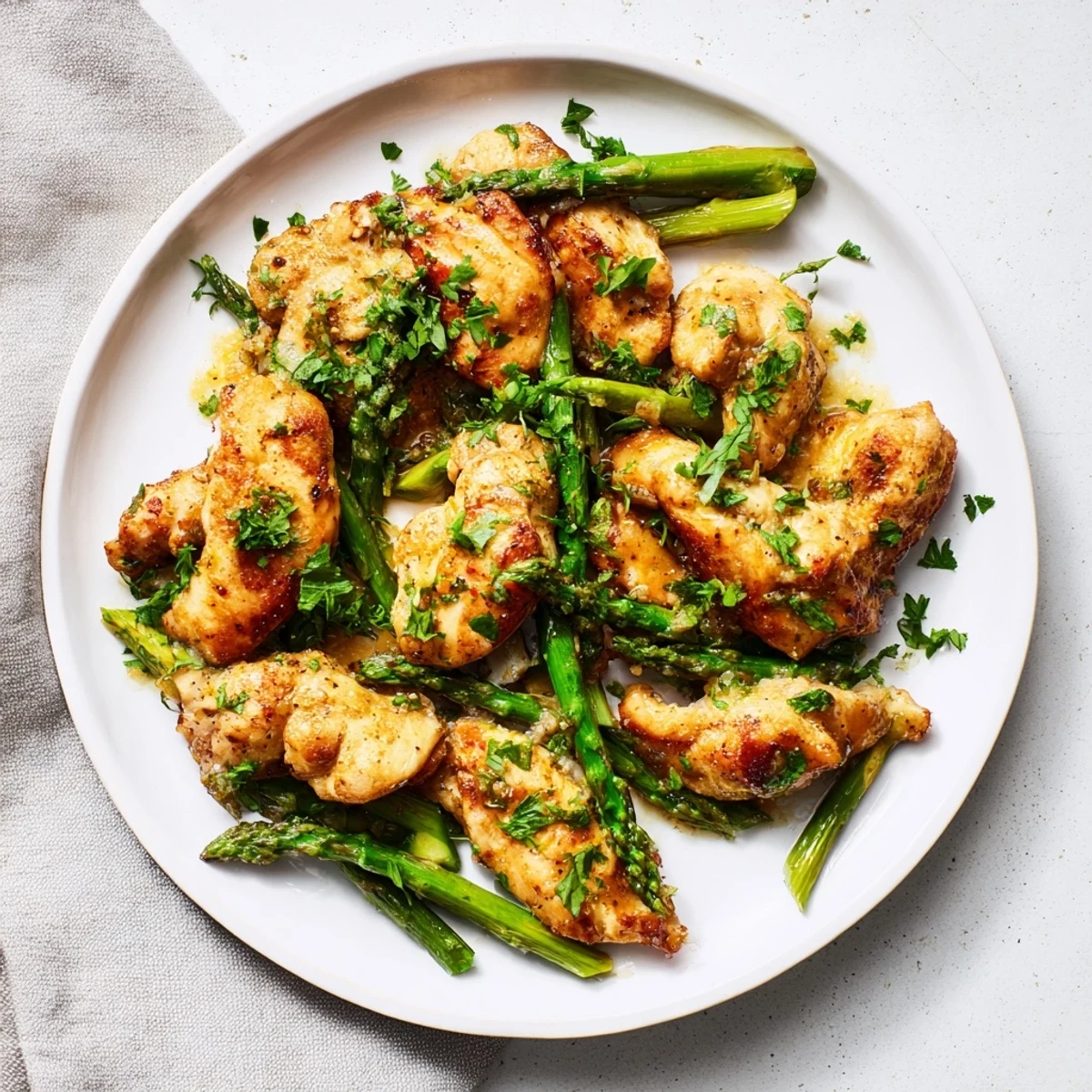 Tender garlic butter chicken bites with crisp asparagus arranged on a white serving plate
