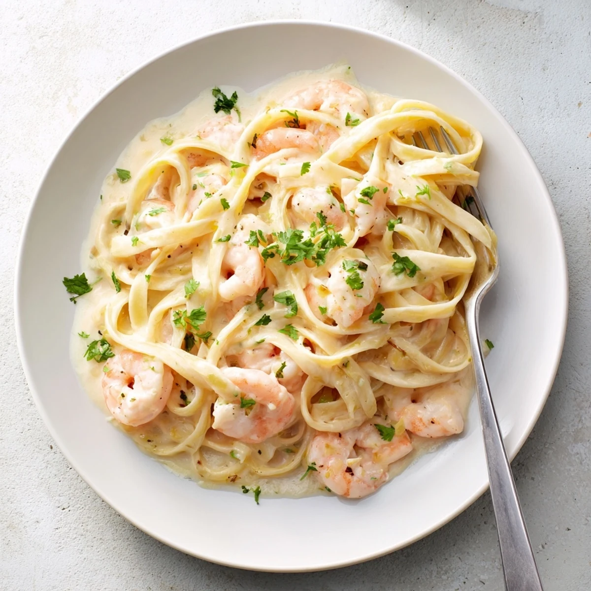 Creamy one pan shrimp fettuccine Alfredo tossed with tender pink shrimp and grated Parmesan in a white ceramic bowl