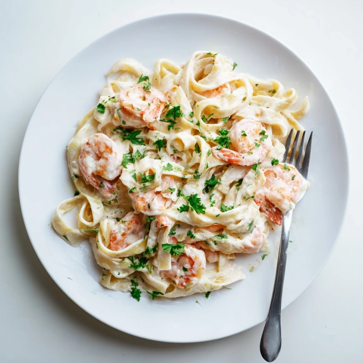 Twirling forkful of rich shrimp fettuccine Alfredo showcasing the creamy white sauce coating each noodle and plump seafood