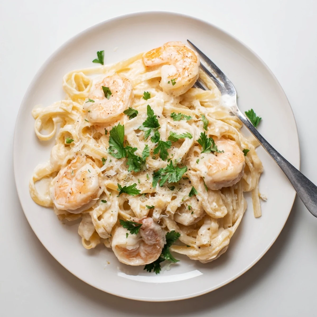Golden fettuccine pasta tossed with succulent shrimp in rich homemade Alfredo sauce garnished with fresh parsley