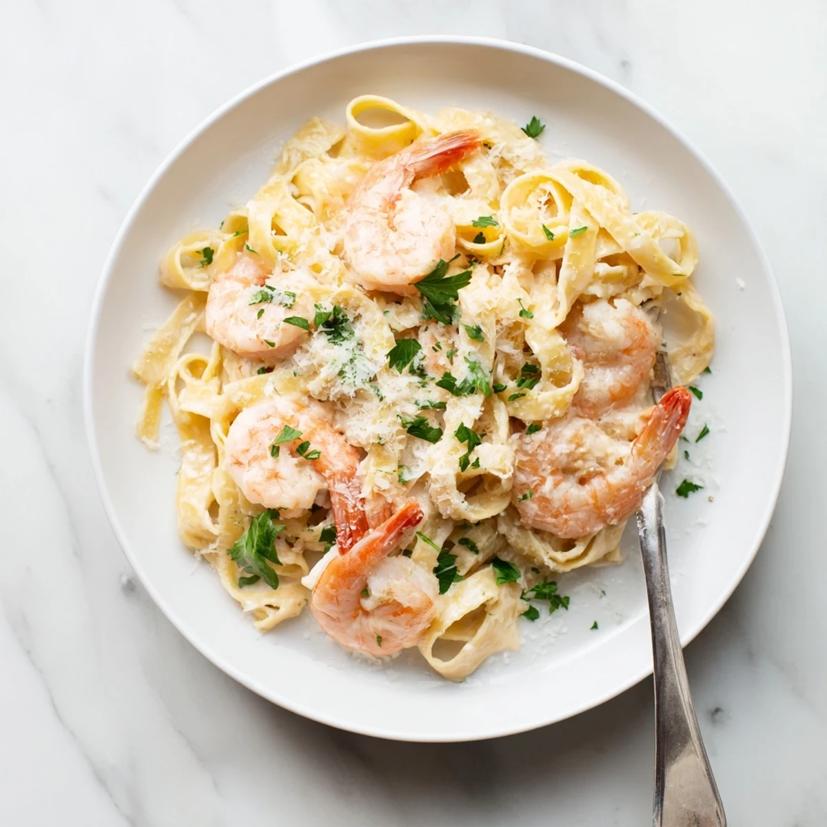 Creamy shrimp fettuccine Alfredo plated with tender seafood and parmesan sauce sprinkled with green herbs
