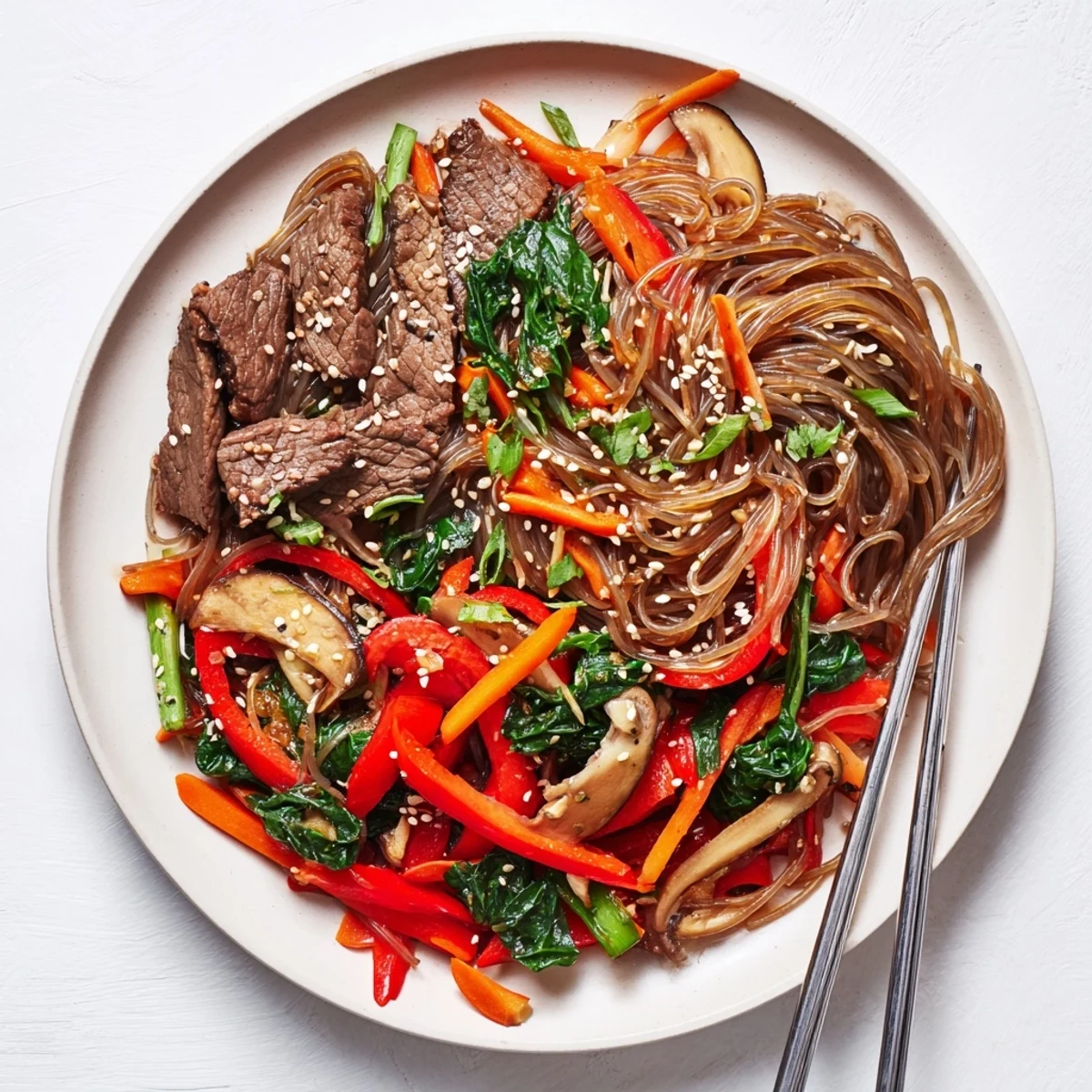 Steaming bowl of Korean beef noodles loaded with tender beef slices and colorful vegetables in spicy gochujang sauce
