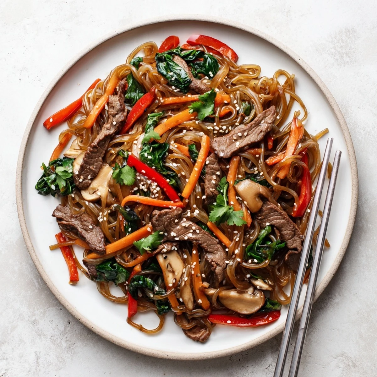 Chewy sweet potato noodles tossed with marinated beef, crisp bell peppers, and savory Korean chili glaze