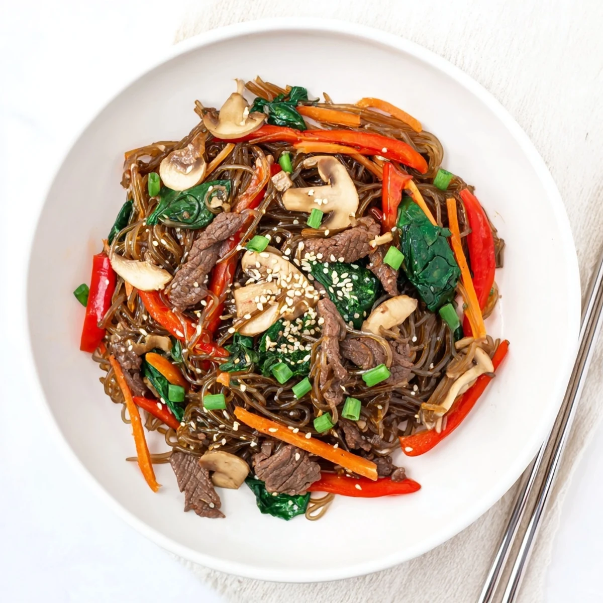 Close-up of Korean beef noodles featuring caramelized beef, fresh spinach, and sesame seed garnish in dark glossy sauce