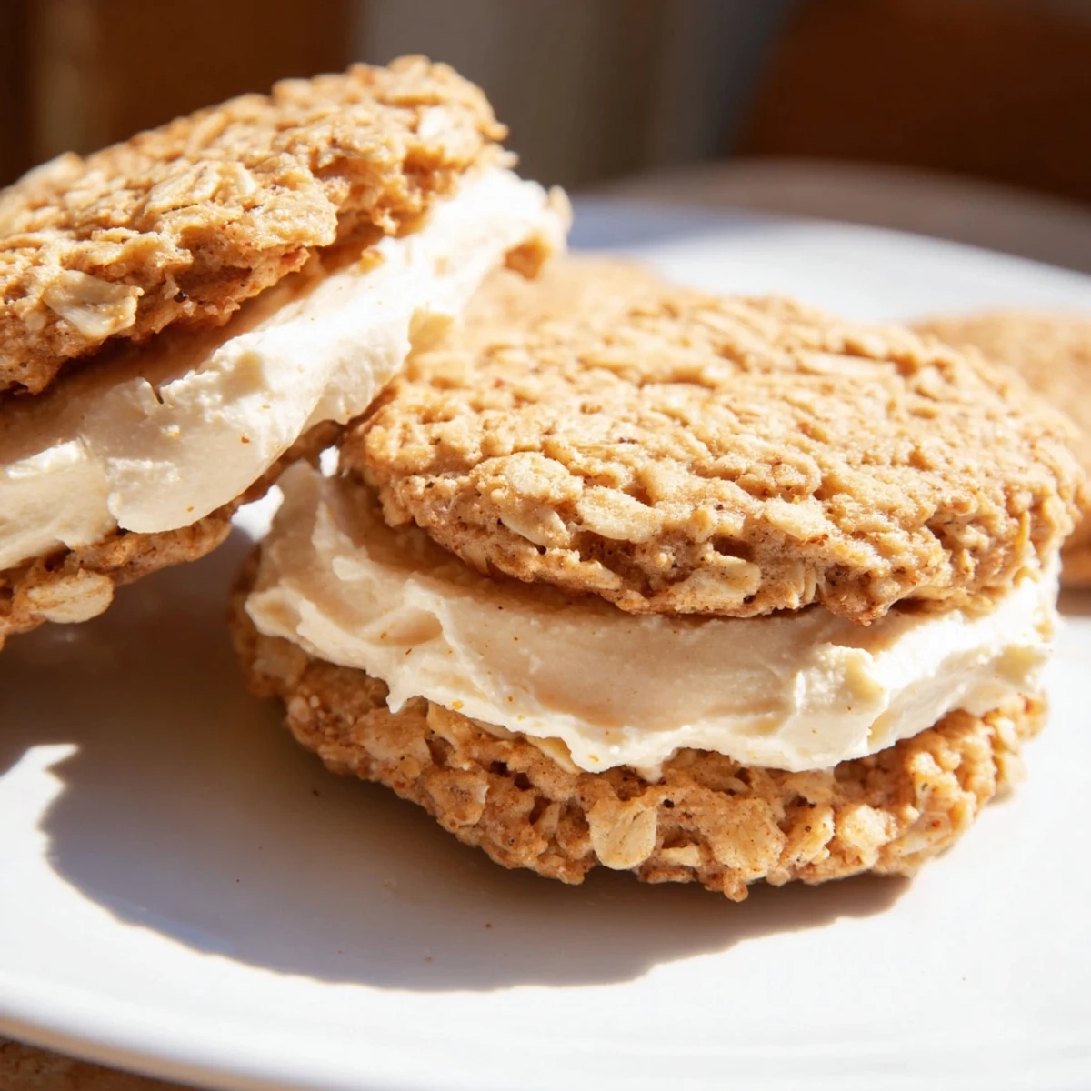 Two golden-brown oatmeal cookies stacked with thick white cream filling on a rustic wooden board