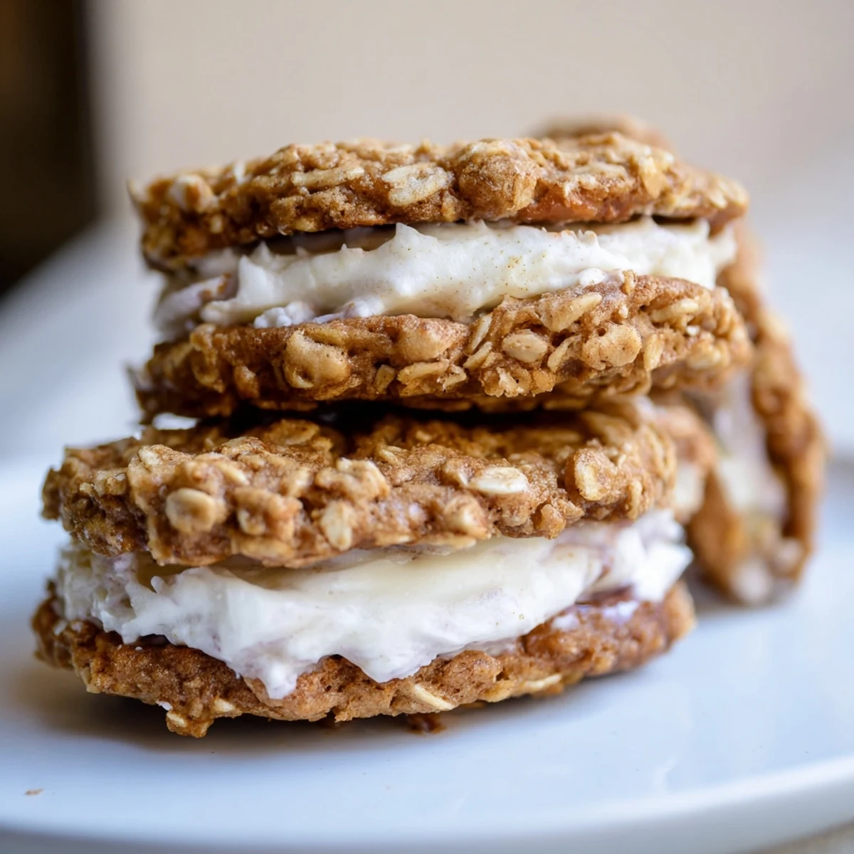 Soft homemade oatmeal cream pies with fluffy vanilla frosting sandwiched between chewy cinnamon-spiced cookies