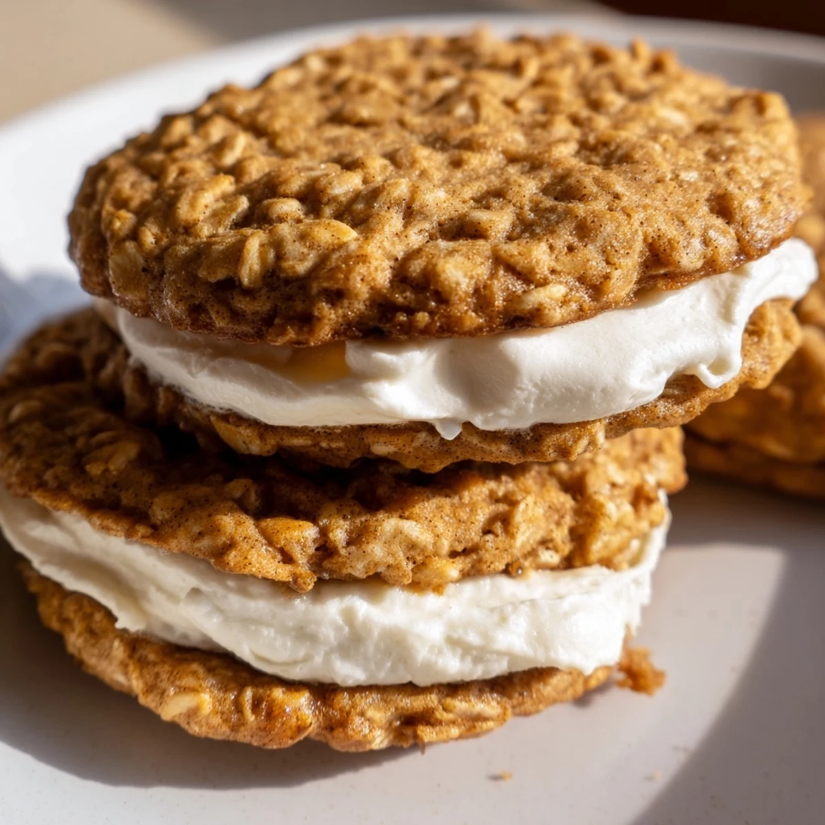 Close-up of soft oatmeal cream pies showing generous vanilla buttercream oozing from texture-rich cookie layers