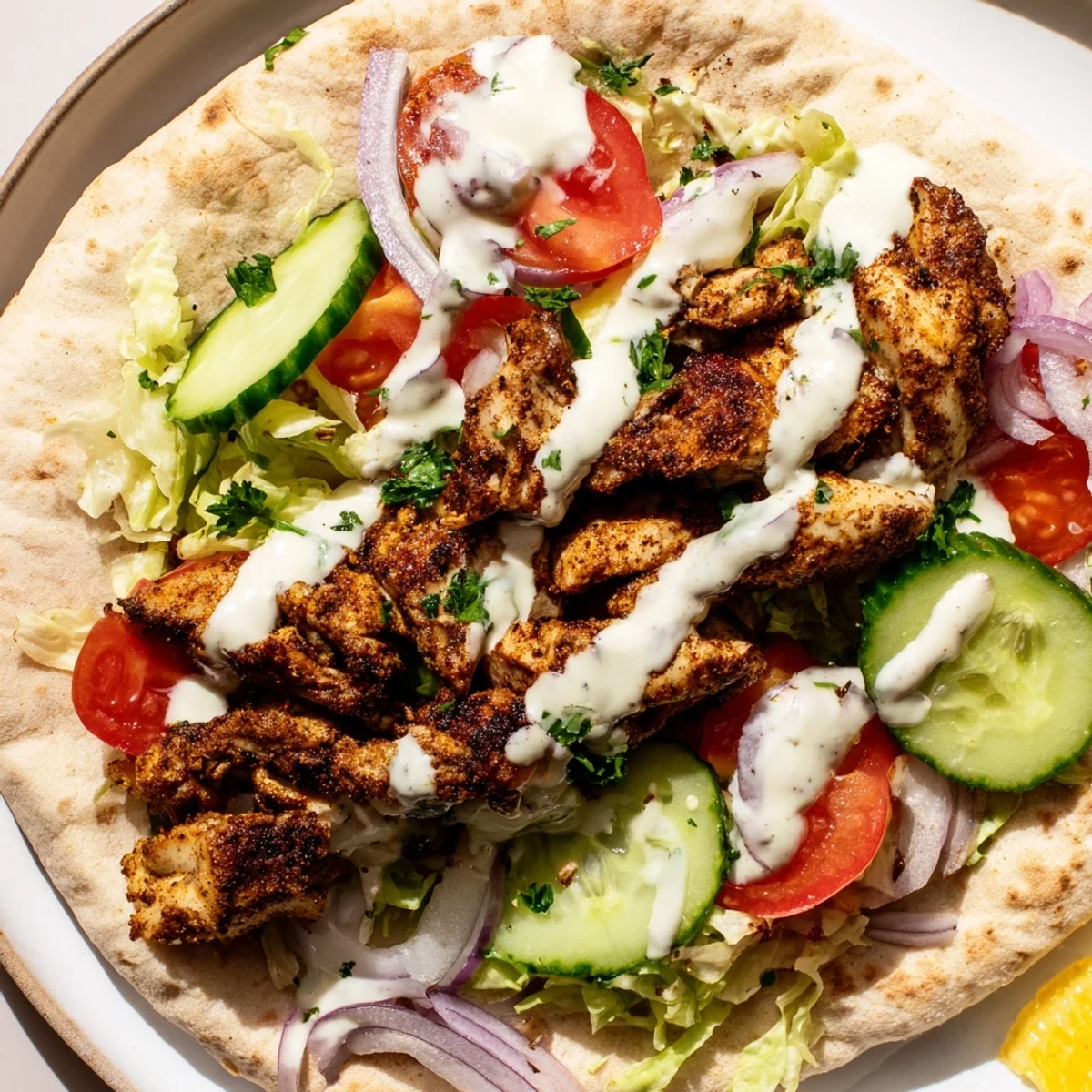 Golden chicken shawarma wrapped in warm pita with creamy garlic sauce and fresh vegetables