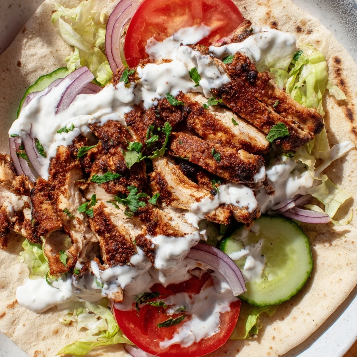 Tender spiced chicken shawarma slices drizzled with rich garlic sauce inside a soft pita bread