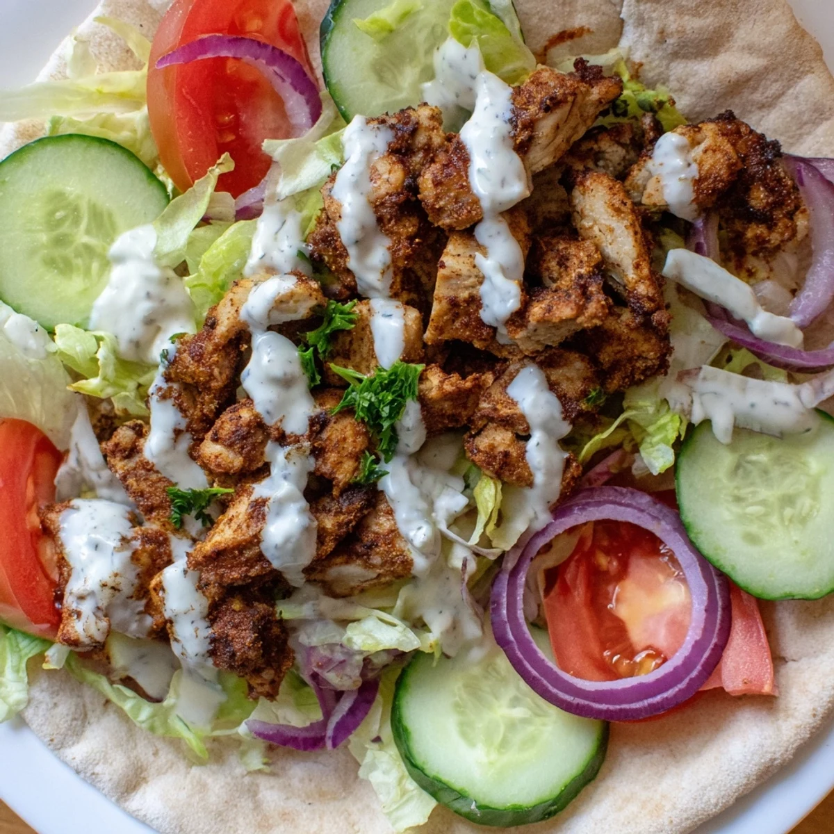Delicious homemade chicken shawarma plate featuring roasted spiced meat with tangy garlic sauce topping