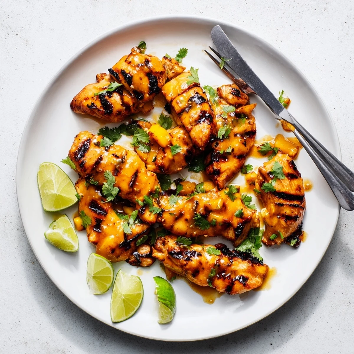 Juicy mango chicken sizzling on the grill with charred grill marks and vibrant mango sauce