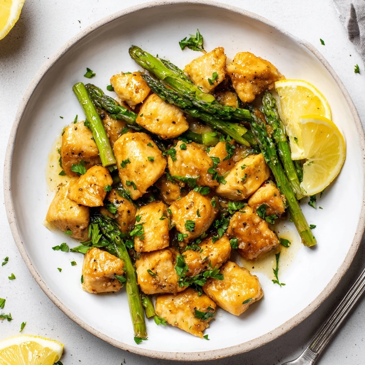 Golden brown garlic butter chicken bites with crisp asparagus pieces garnished with fresh parsley