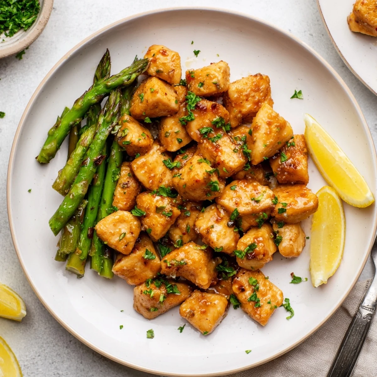 Tender chicken cubes sautéed in rich garlic butter sauce alongside bright green asparagus spears