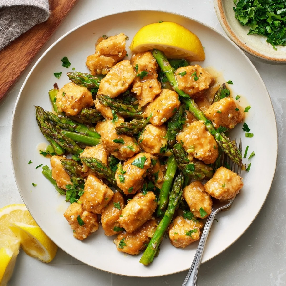 Savory chicken bites and asparagus coated in melted butter garlic sauce with lemon wedges